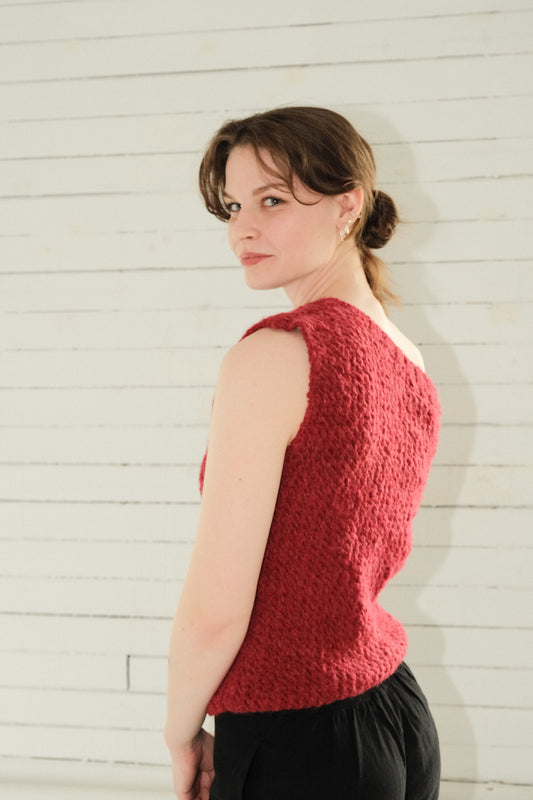 Model wearing Utku Off-Shoulder Alpaca Top in Hibiscus — summer 2026