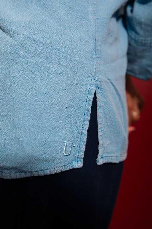 Model wearing Utku Cropped Shirt in Denim wash — handmade in Ecuador