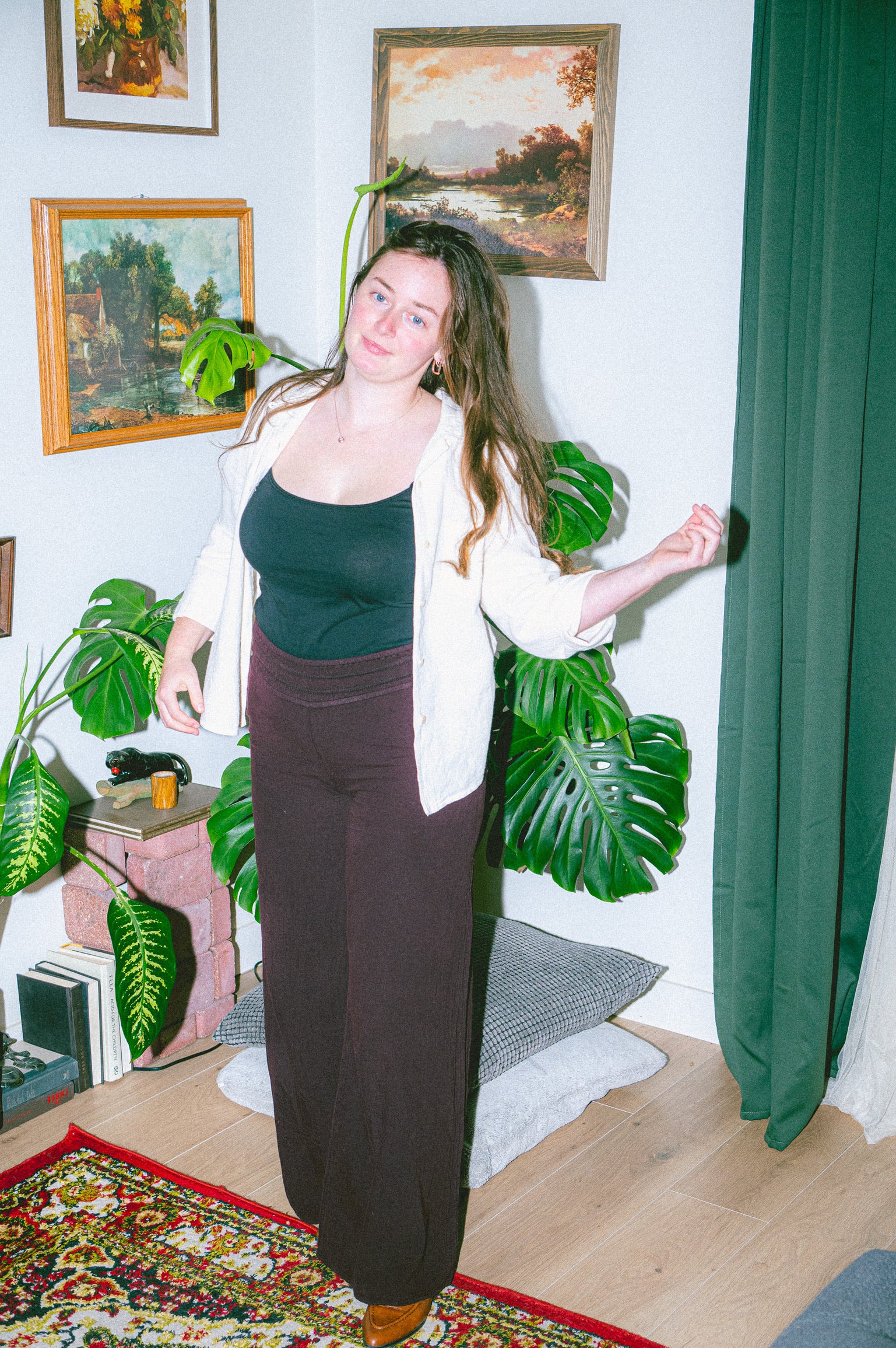 Model wearing Utku Wide Leg Pants in Dusky Madder Violet — handmade in Ecuador