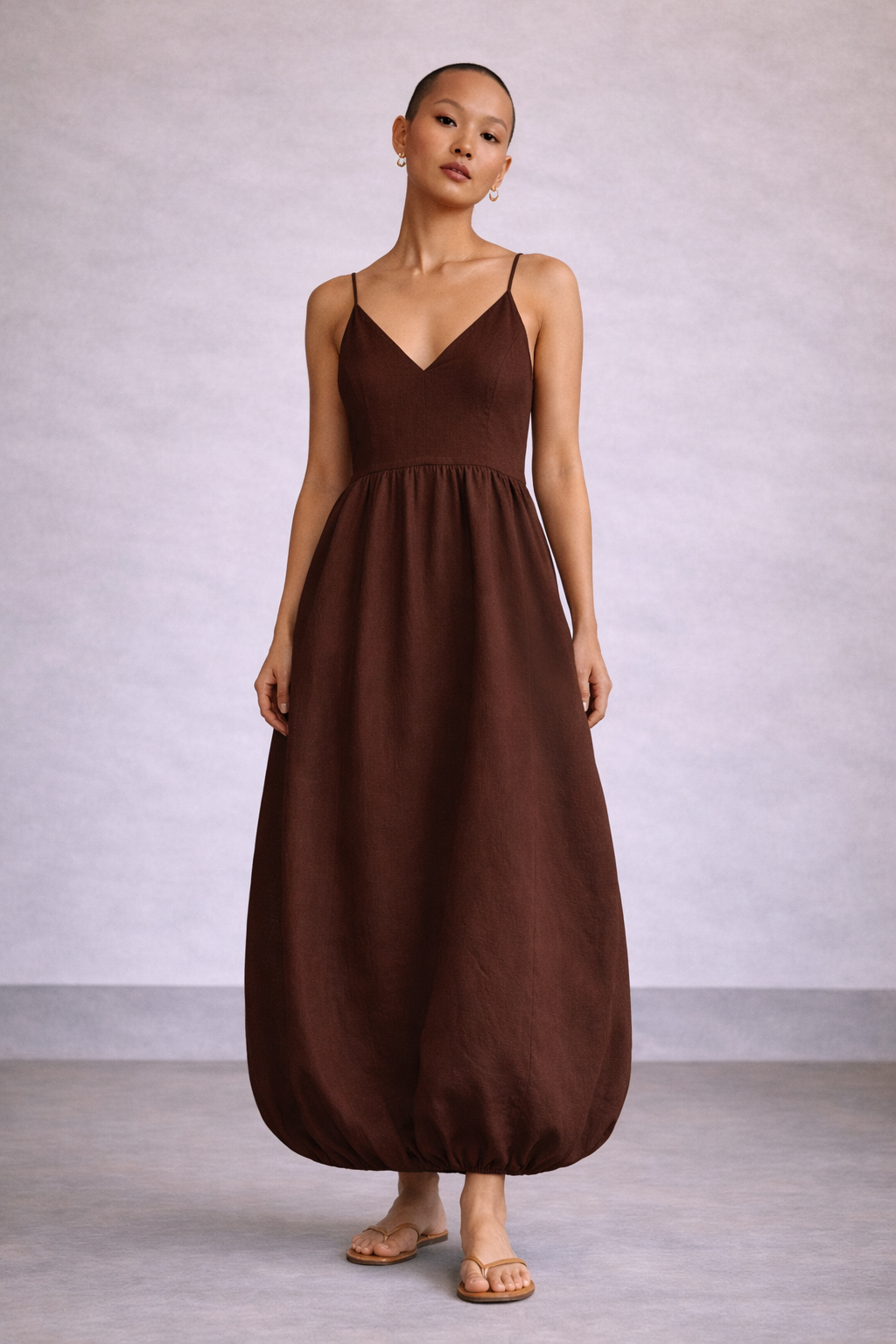 Utku Barrel Dress in Espresso — structured barrel silhouette
