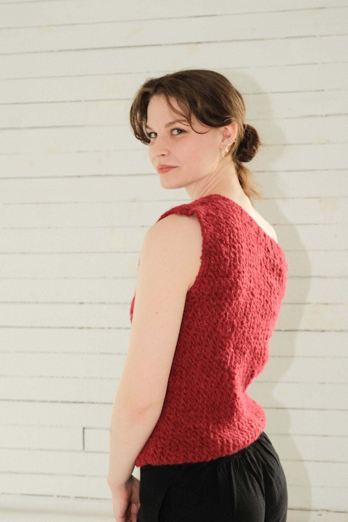 Model wearing Utku Off-Shoulder Alpaca Top in Hibiscus — summer 2026