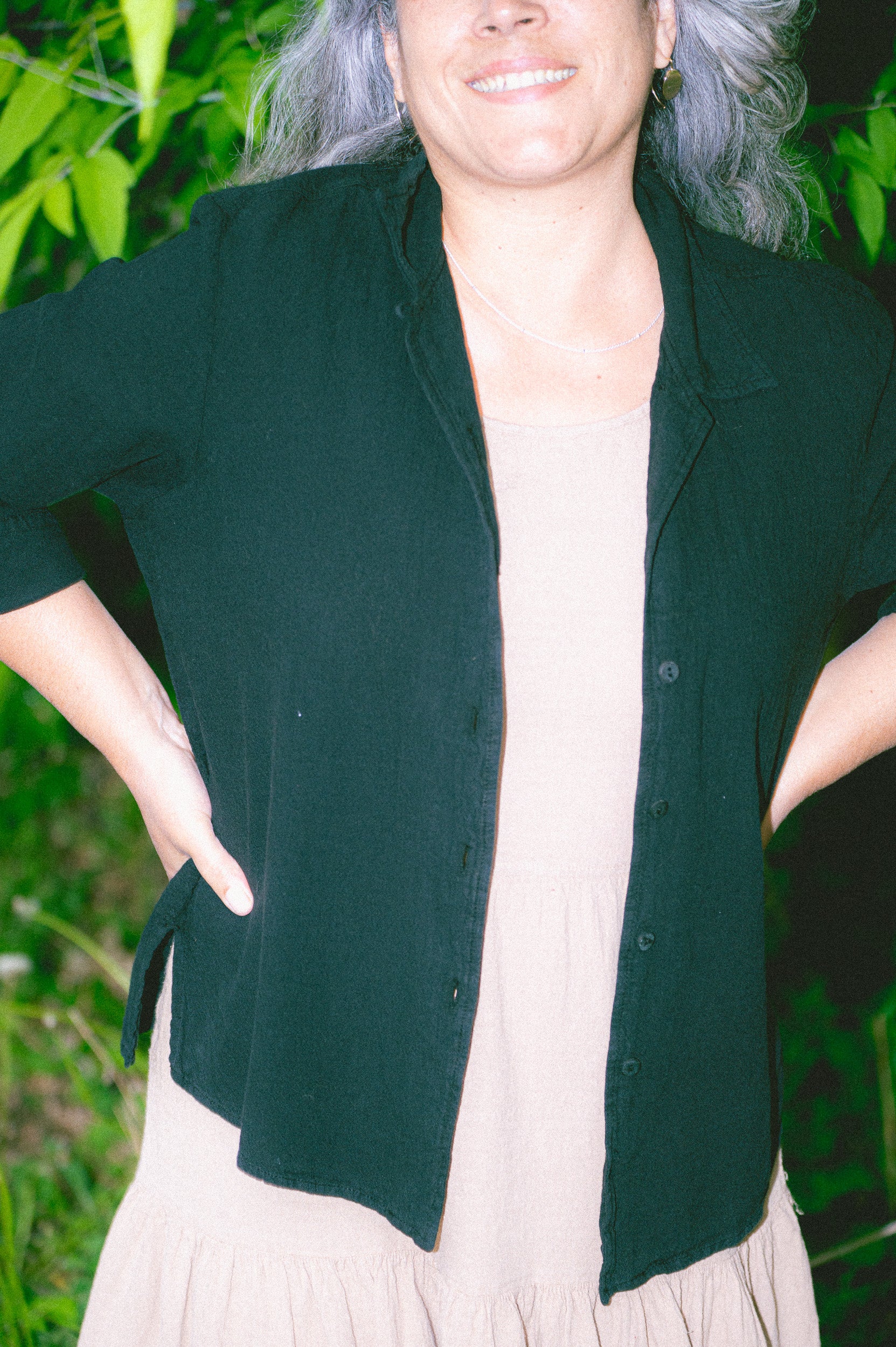 Utku Cropped Shirt in Black — front detail, crinkle cotton