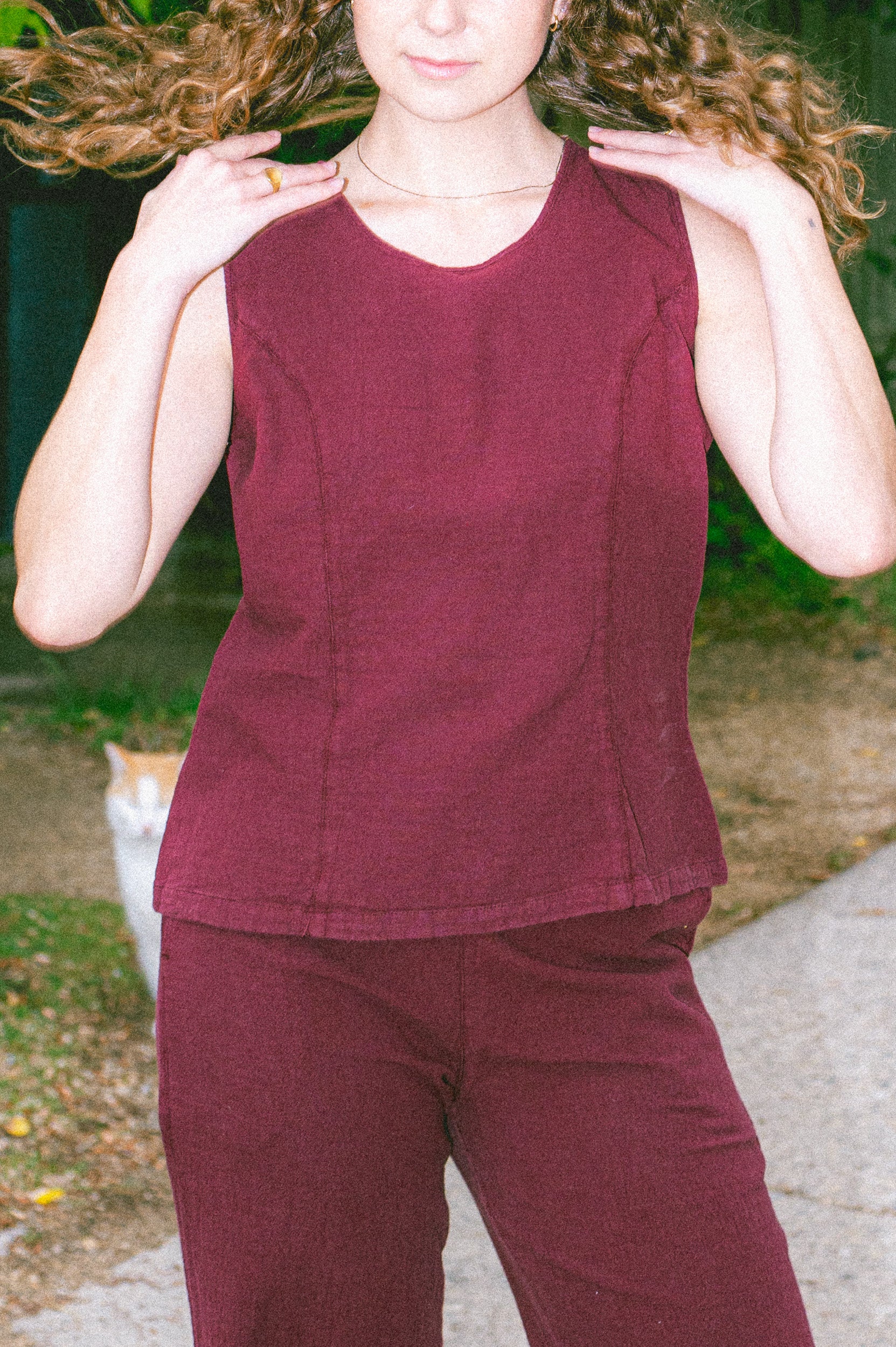 Model wearing Utku Contour Camisole in Dusky madder violet