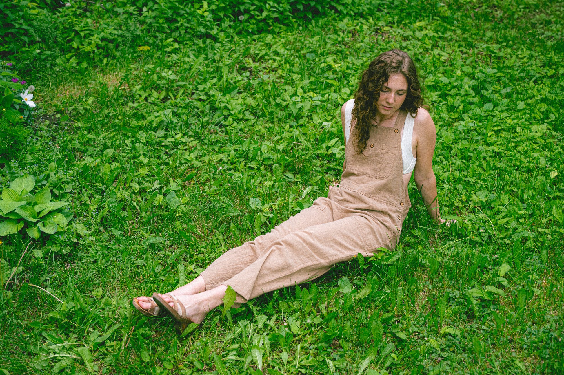 Model wearing Utku Crinkle Cotton Overalls in Ivory buff — handmade in Ecuador