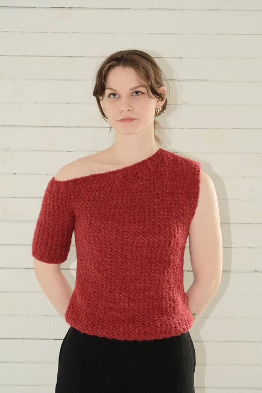 Utku Off-Shoulder Alpaca Top in Hibiscus — baby alpaca, handmade in Ecuador