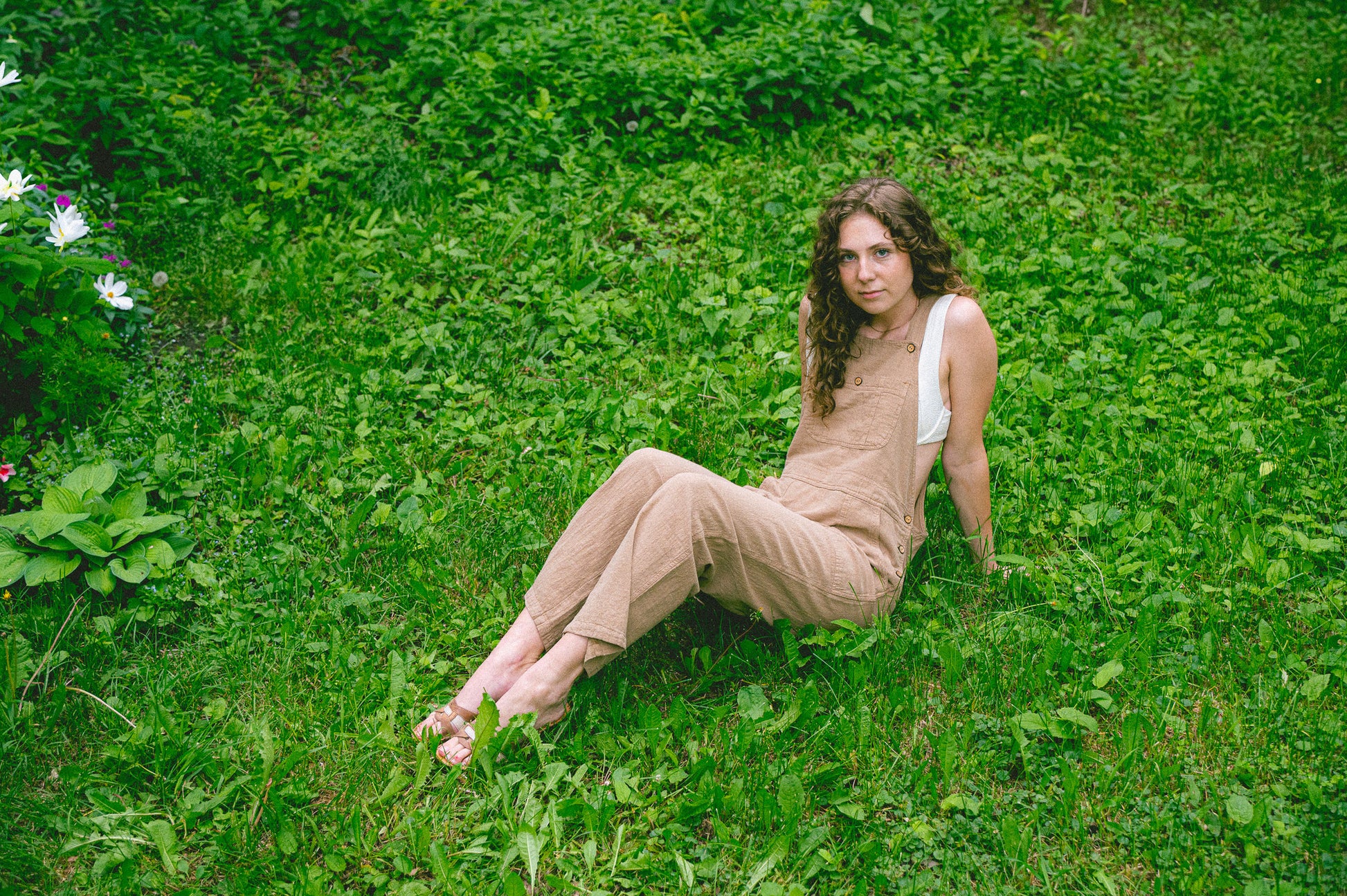 Utku Crinkle Cotton Overalls in Ivory buff