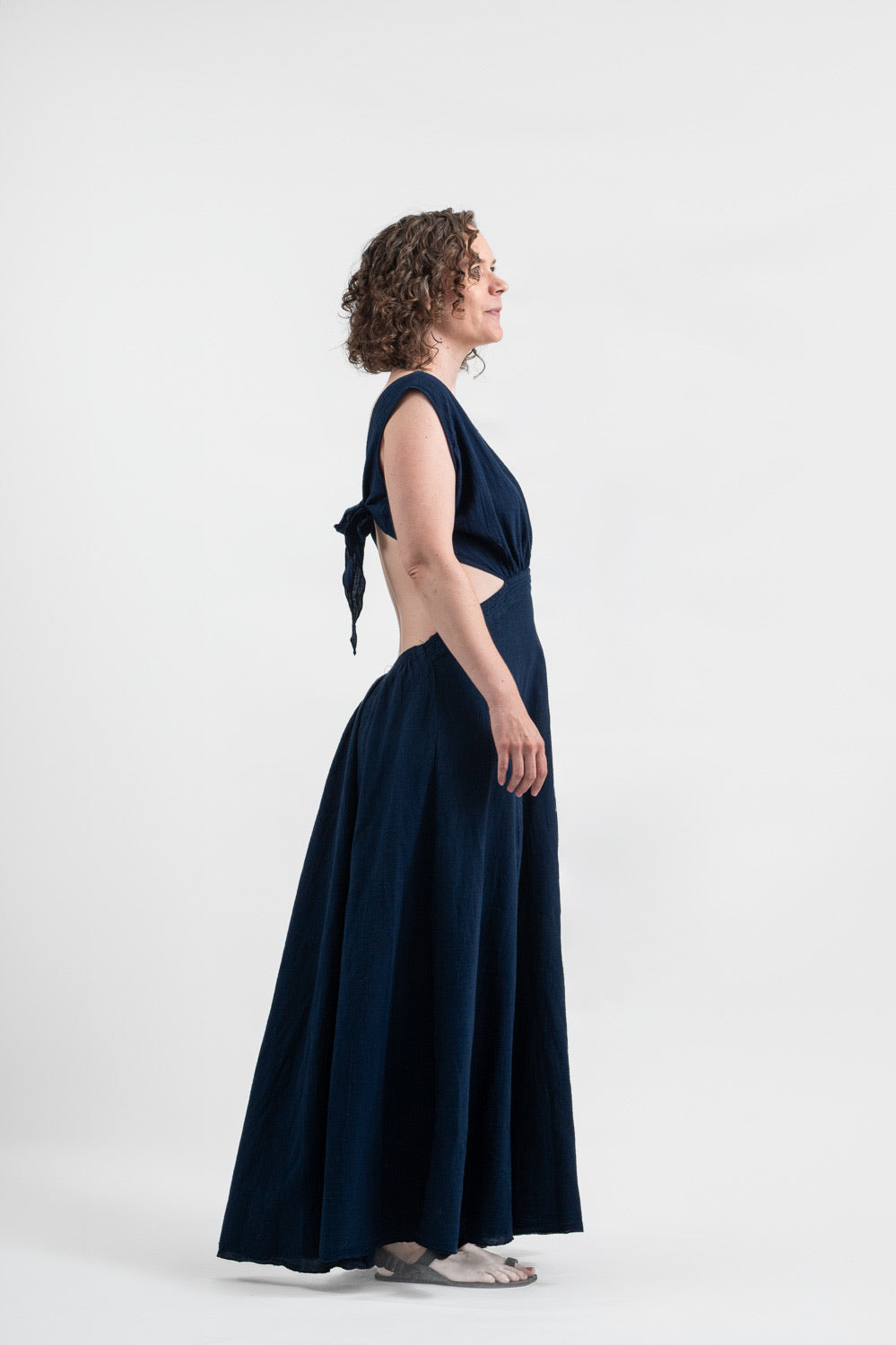 Model wearing Utku Cutout Dress in Lyon Blue — handmade in Ecuador
