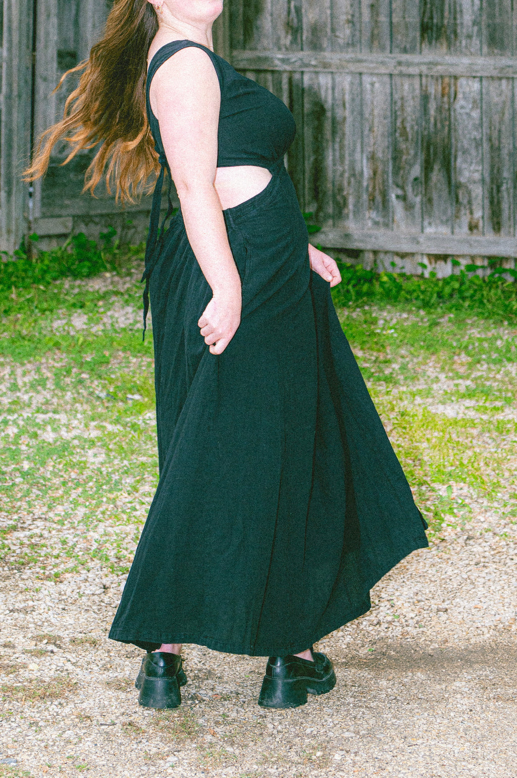 Model wearing Utku Cutout Dress in Black — handmade in Ecuador