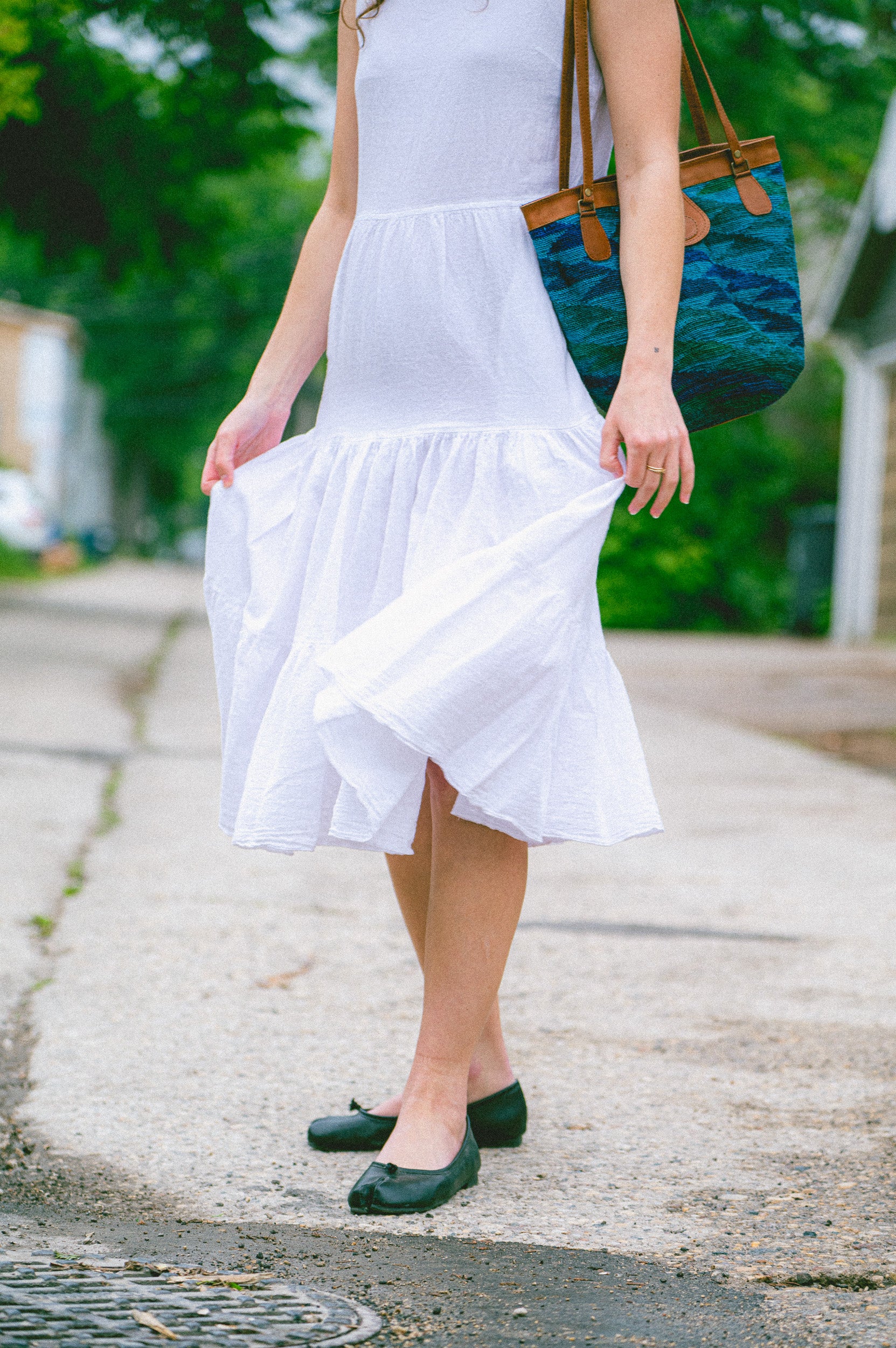 Utku Tiered Dress in White — back view, handmade in Ecuador