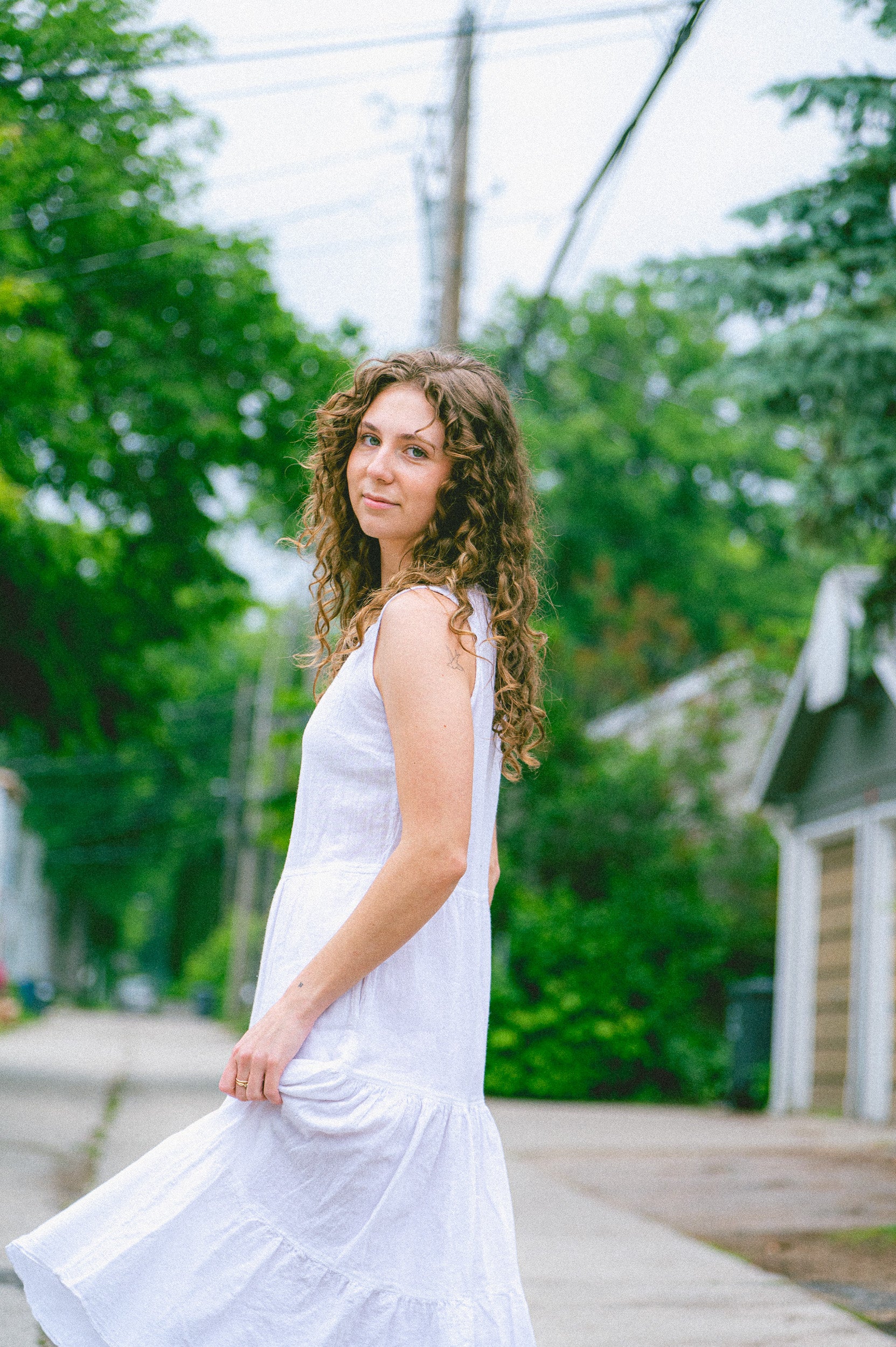 Utku Tiered Crinkle Cotton Dress in White — pocket detail