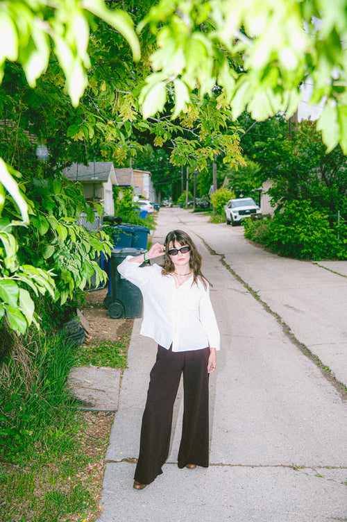 Model wearing Utku Crop Shirt — crinkle cotton