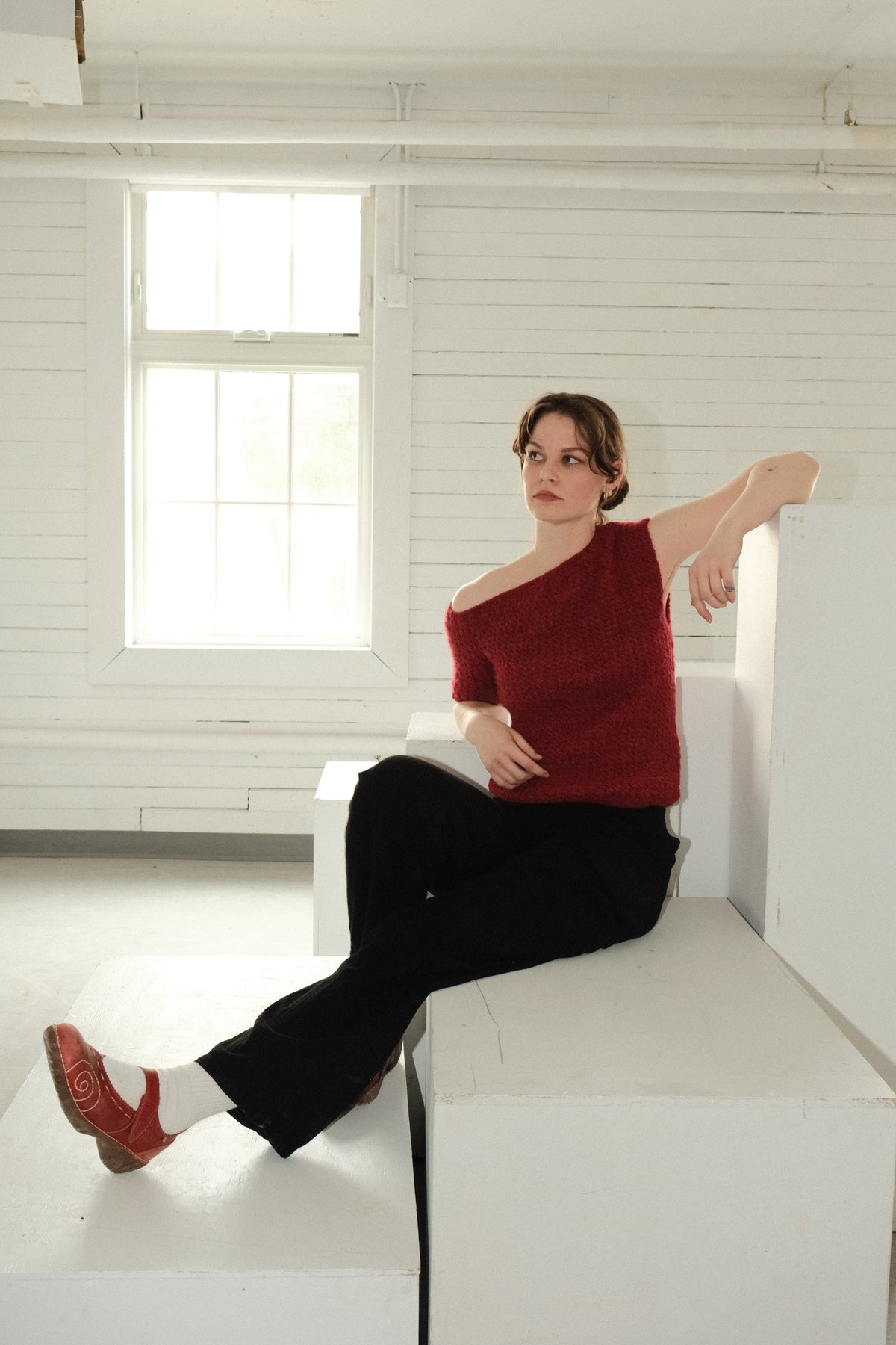 Utku Off-Shoulder Alpaca Top in Hibiscus — front view, soft baby alpaca