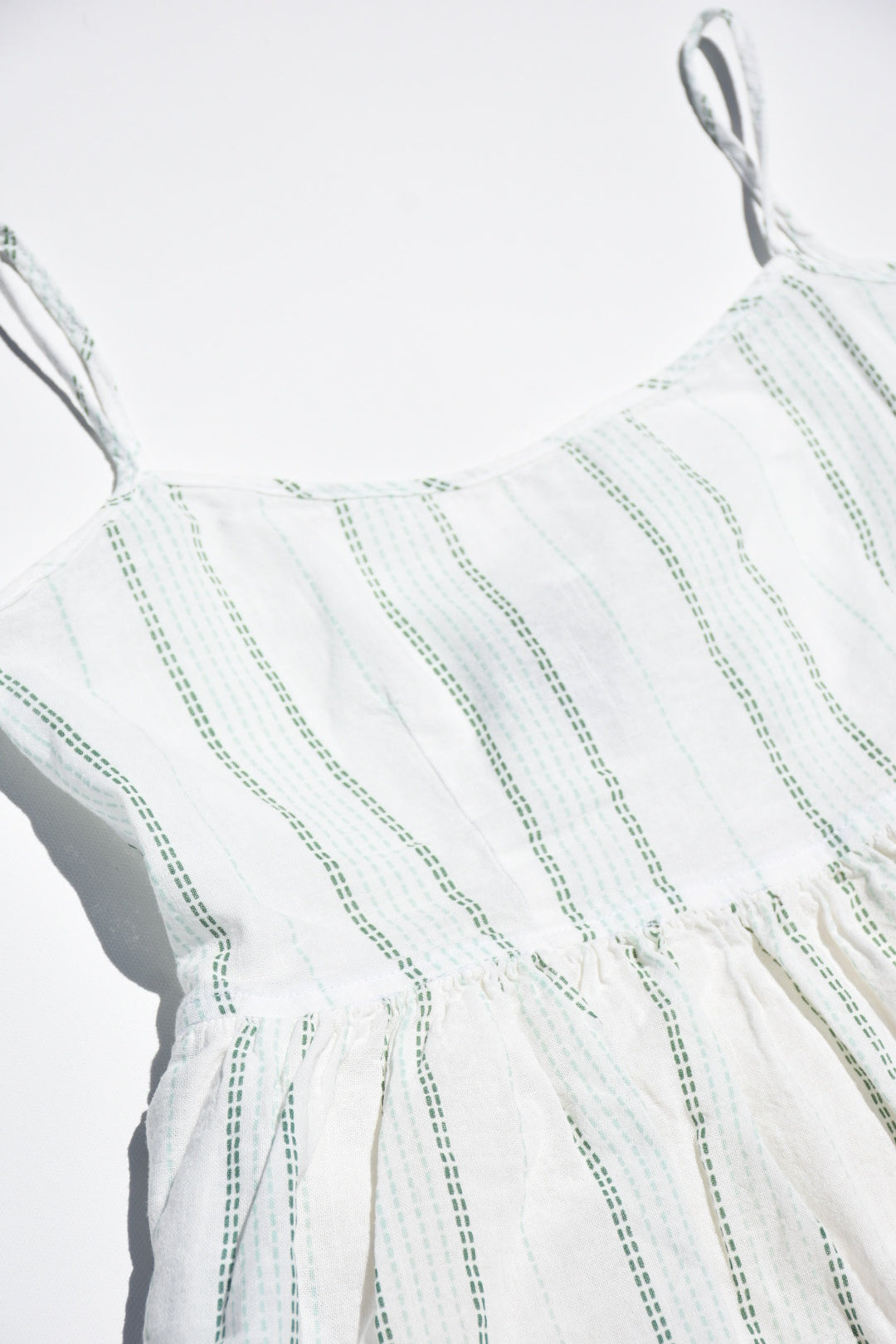 Utku Barrel Dress — close-up of stitching detail, Turquoise Green/Lily White

Turquoise Green/Viridian Green/Lily White
