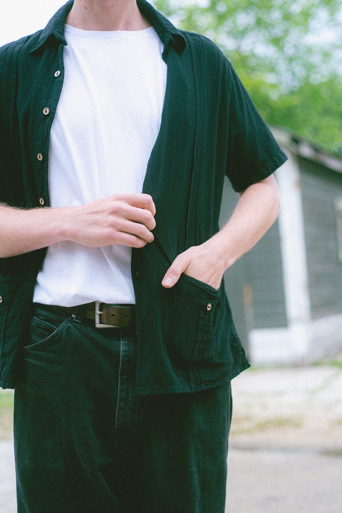 Utku Modern Guayabera Shirt in Black — back view