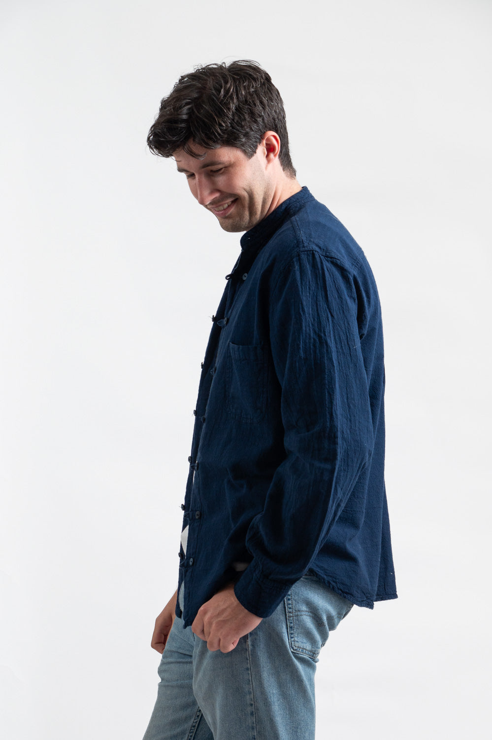 Utku Collar Crinkle Cotton Shirt in Lyon blue — back view