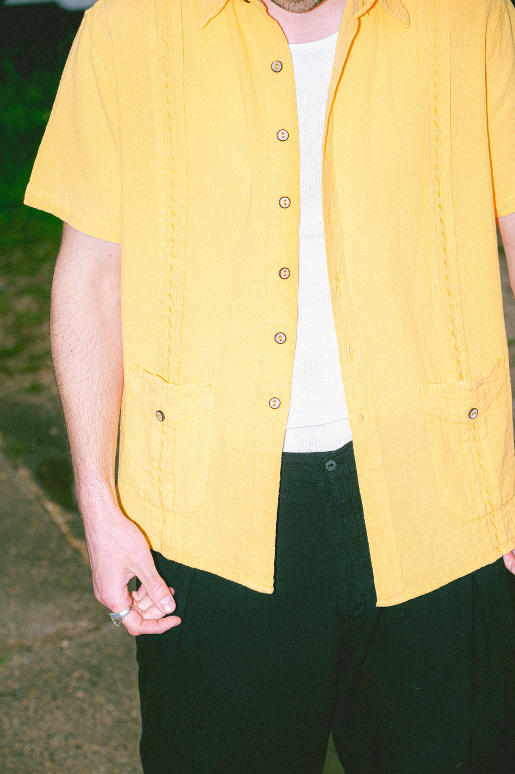 Utku Modern Guayabera Shirt in Apricot Yellow — front detail
