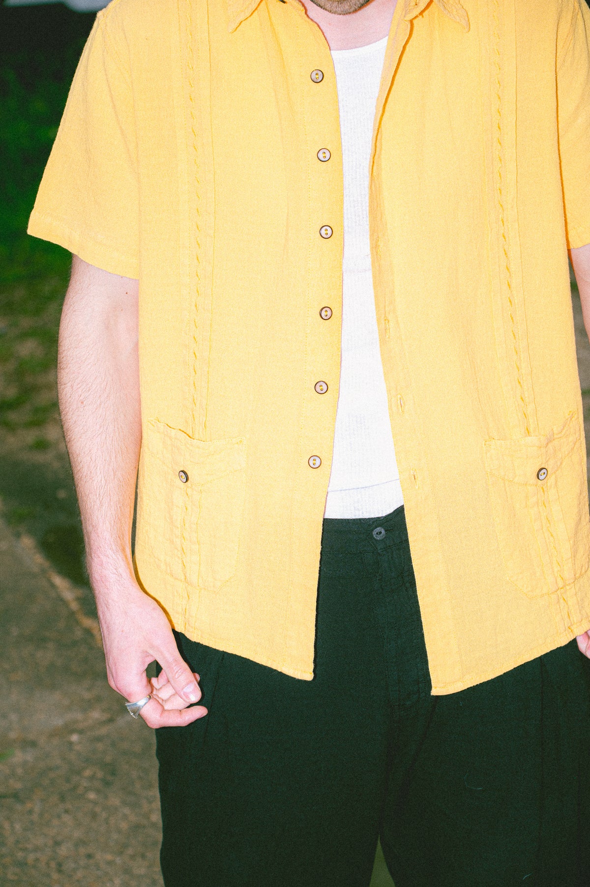 Utku Modern Guayabera Shirt in Apricot Yellow — front detail