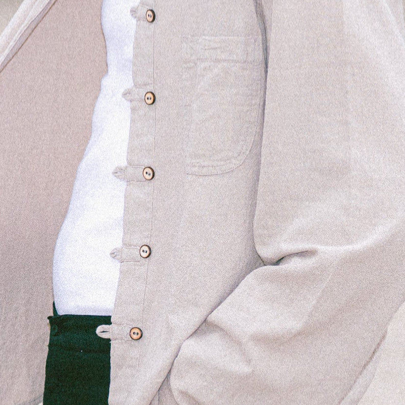 Utku Collar Shirt in Cobblestone — tagua nut button detail
