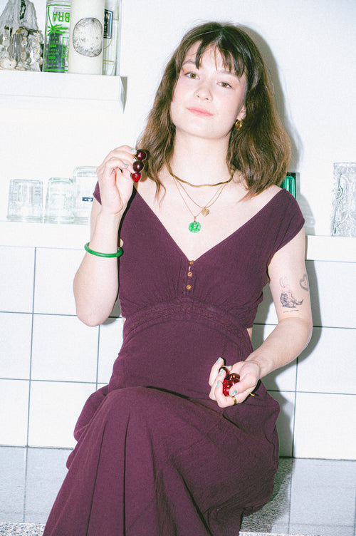 Utku Cutout Crinkle Cotton Dress in Dusky Madder Violet — v-neck detail
