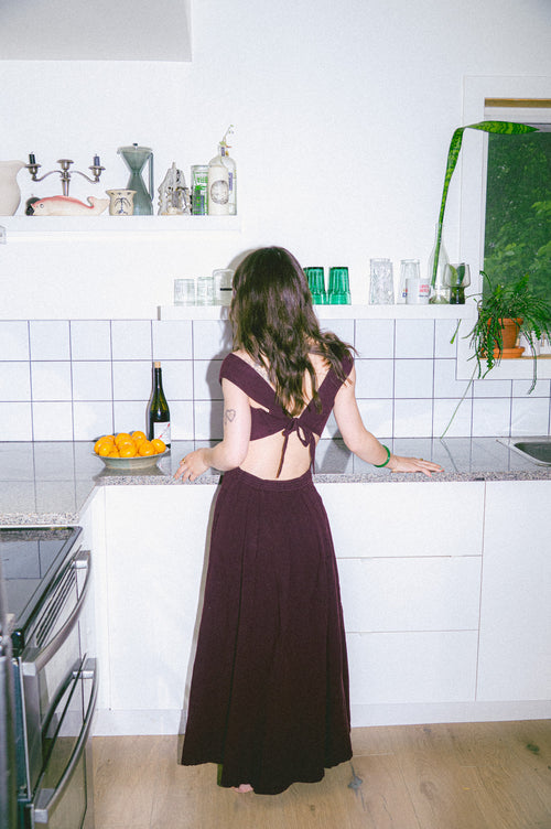 Utku Cutout Dress in Dusky Madder Violet — open back tie detail, handmade in Ecuador